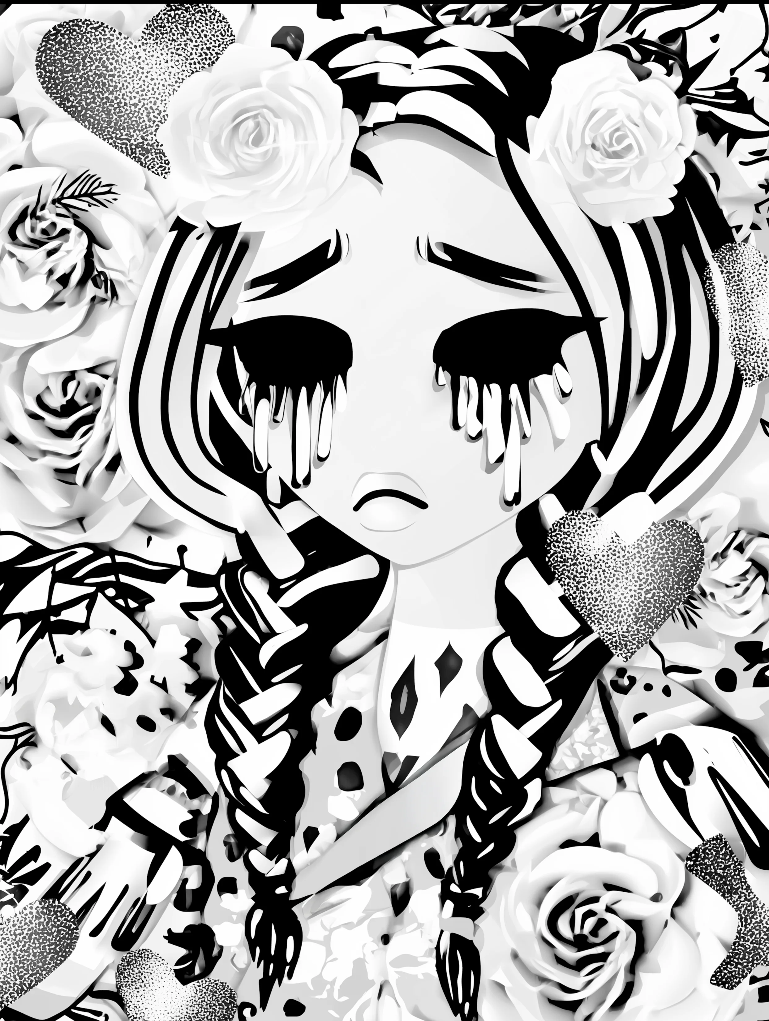 Free printable crying coloring page for adults featuring long braids cartoon girl crying